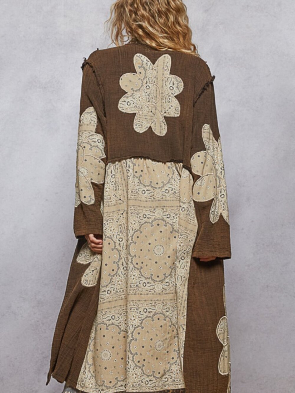 Charcoal LS Gauze w Floral Appliques Studded Long Jacket - Picture 3 of 4